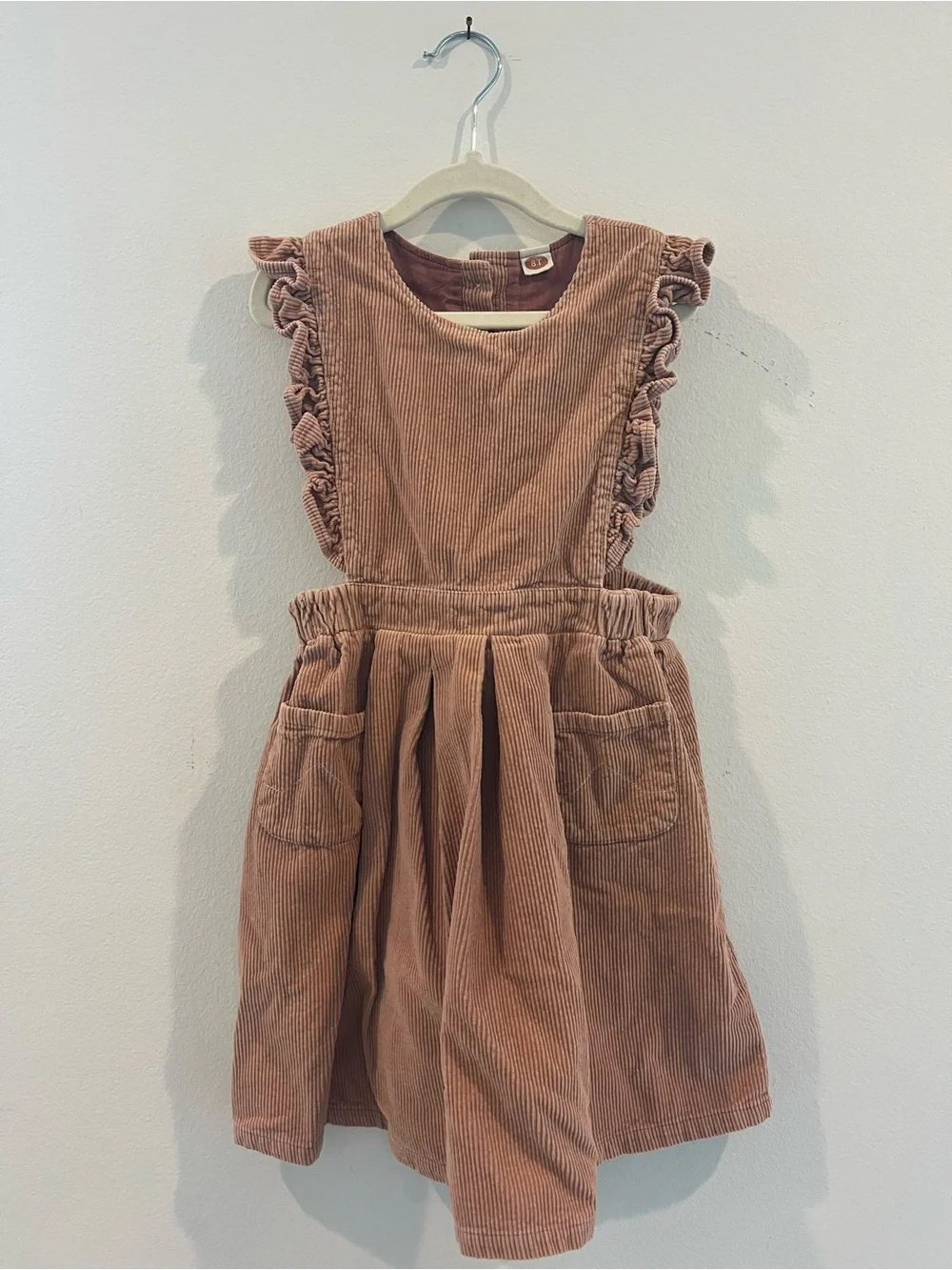 Girls' Dusty Rose Corduroy Pinafore Dress with Ruffle Straps - Size 8